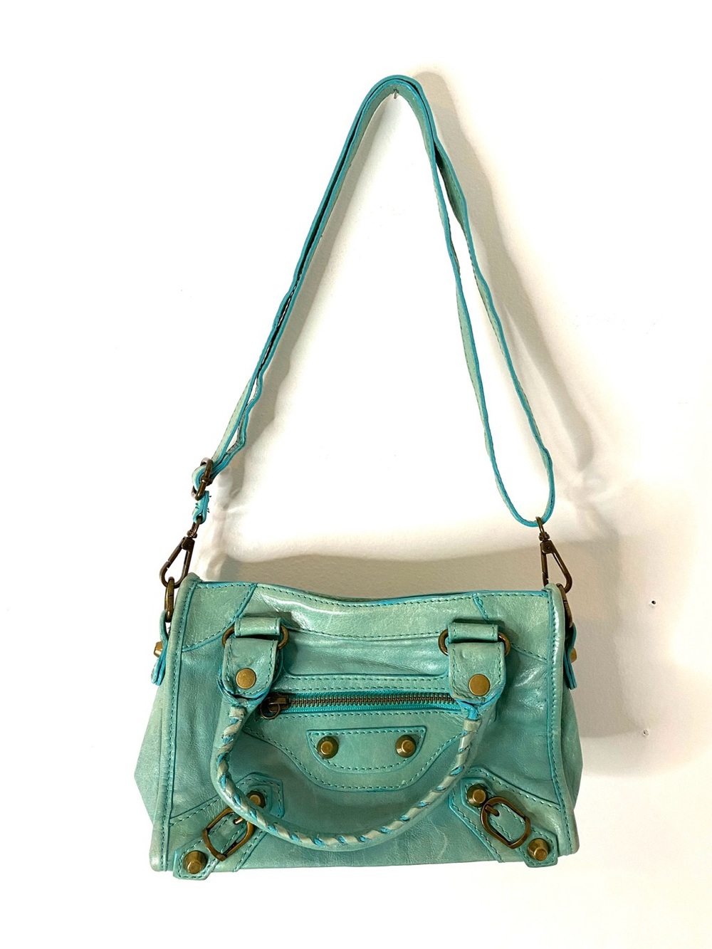 Genuine Leather Made in Italy Turquoise Moto Mini Crossbody Satchel Bag